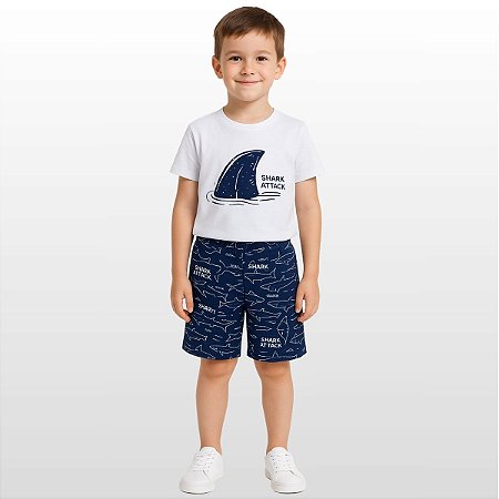Conjunto Infantil Menino Camiseta e Bermuda Tubarão