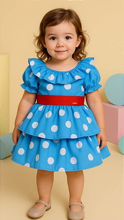 Vestido Infantil de Bolinhas Branca Tam 1 a 4 Anos Azul Galinha Pintadinha