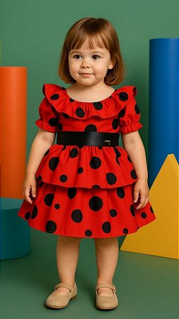 Vestido Infantil Festa de Bolinhas Pretas Tam 1 a 4 Anos Poá Vermelho LadyBug