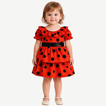 Vestido Infantil Festa de Bolinhas Pretas Tam 1 a 4 Anos Poá Vermelho LadyBug