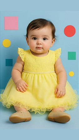 Vestido Para Bebê Amarelo com Tulle e Renda Para MesVersário