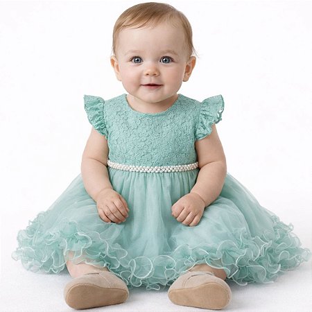 Vestido Para Bebê Verde Menta com Tulle e Renda Para MesVersário