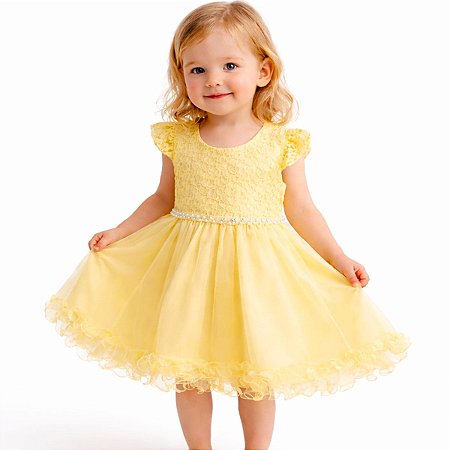 Vestido Infantil de Festa Com Renda e Tulle Tam 1 ao 4 Amarelo