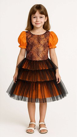 Vestido Infantil Festa Halloween Fantasia Menina com Tule e Renda