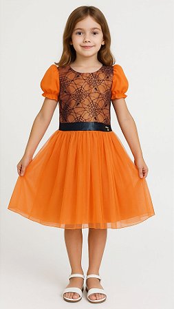 Vestido Infantil Festa Halloween Fantasia Menina com Tule e Renda Laranja