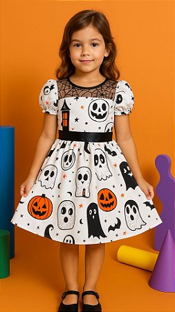 Vestido Infantil de Halloween Branco Com Estampa Divertida