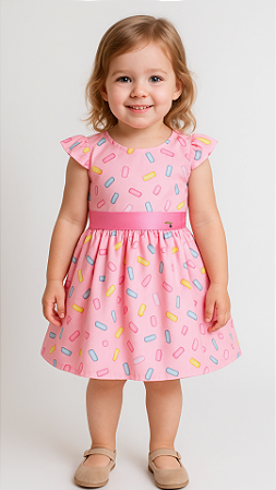 Vestido de Festa Infantil Com Estampa Divertida de Granulado Colorido Tam 1 a 4 Anos Rosa