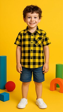 Camisa Infantil Xadrez Amarela e Preta Manga Curta com Bolso