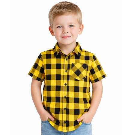 Camisa Infantil Xadrez Amarela e Preta Manga Curta com Bolso