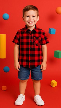 Camisa Infantil Xadrez Vermelho e Preto Manga Curta com Bolso