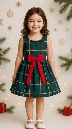 Vestido Infantil Natal Verde Xadrez com Laço Vermelho Elegante
