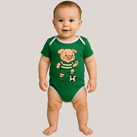 Body Torcedor Bebê Mêsversario Verde e Branco Infantil Porquinho Alegre Jogador