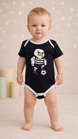 Body Torcedor Bebê Mêsversario Preto e Branco Infantil Mascote Alegre Jogador Futebol