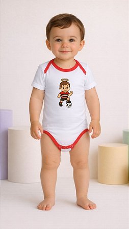 Body Torcedor Bebê Mêsversario Vermelho e Branco Infantil Anjinho Alegre Jogador