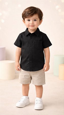 Camisa Infantil Masculina Lisa em Tricoline 100% Algodão Manga Curta Preta