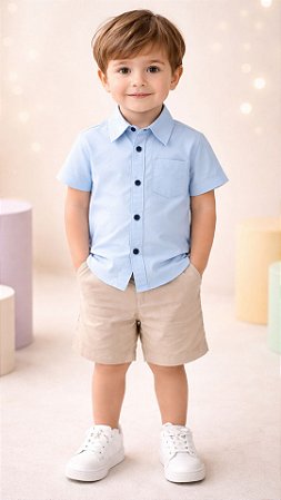 Camisa Infantil Masculina Lisa em Tricoline 100% Algodão Manga Curta Azul Claro
