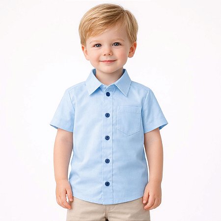 Camisa Infantil Masculina Lisa em Tricoline 100% Algodão Manga Curta Azul Claro