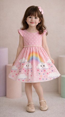 Vestido Infantil Chuva de Amor Rosa Saia Rodada Estampada Cinto de Pérolas