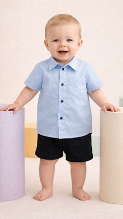 Camisa Infantil Lisa Para Bebê Menino Social Festa Mesversário Azul Claro Tricoline