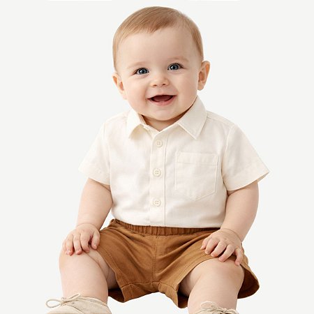 Camisa Infantil Lisa Para Bebê Menino Social Festa Mesversário Bege Tricoline