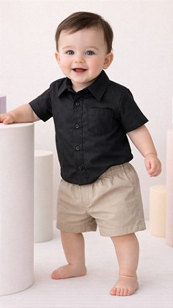Camisa Infantil Lisa Para Bebê Menino Social Festa Mesversário Preta Tricoline