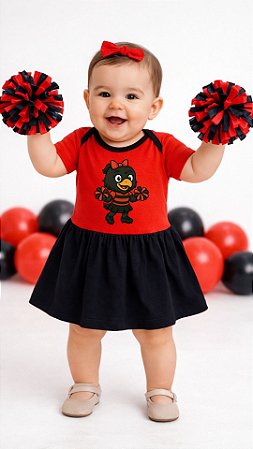 Body Bebê Menina Torcedora Futebol Vermelho e Preto com Saia Rodada