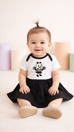 Body Bebê Menina Torcedora Futebol Preto e Branco com Saia Rodada