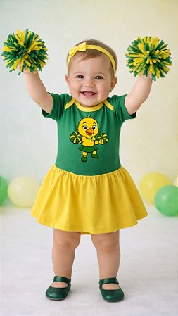 Body Bebê Menina Torcedora Futebol Verde e Amarelo Brasil com Saia Rodada