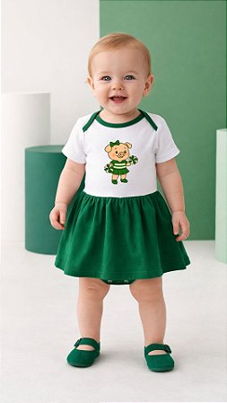 Body Bebê Menina Torcedora Futebol Verde e Branco Porquiha com Saia Rodada