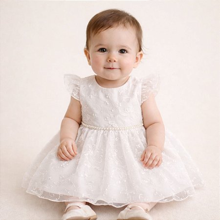 Vestido Batizado Bebê Branco Renda Tule Pérolas Festa