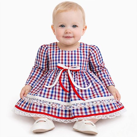 Vestido Junino Bebê Menina Xadrez Manga Longa Festa