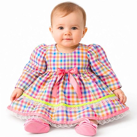 Vestido Junino Bebê Menina Manga Longa Xadrez Colorido 2 Saias Renda Laço Festa São João