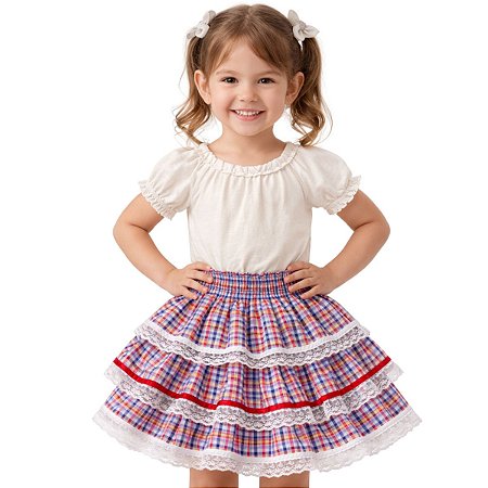Saia Junina Infantil Caipira Xadrez com Renda 3 Camadas