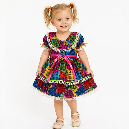 Vestido Junino Infantil Xadrez Colorido 2 Saias Renda 1 a 4 anos