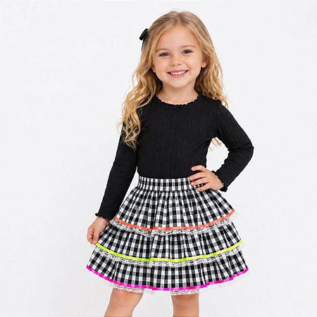 Saia Junina Infantil Caipira com Renda 3 Camadas Xadrez Preto e Branco