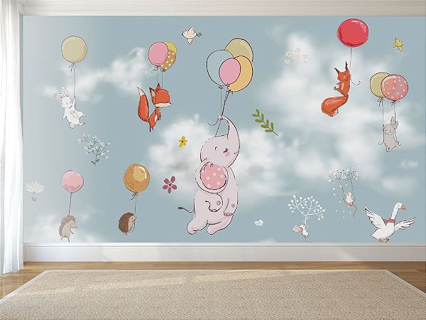 Painel de Parede Para Quarto Infantil Animais Voando com Balões