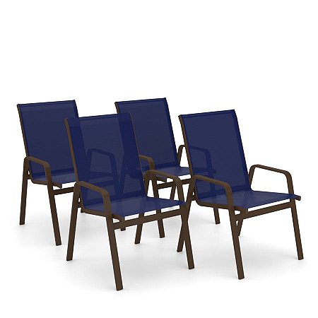 Kit 4 Cadeira Riviera Piscina Alumínio Marrom Tela Azul