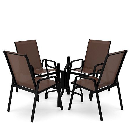 Conjunto de 4 Cadeiras S/ Vidro Alumínio Preto Tela Marrom