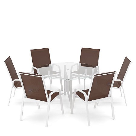 Conjunto de 6 Cadeiras Alumínio Branco Tela Marrom