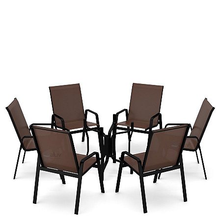 Conjunto de 6 Cadeiras S/ Vidro Alumínio Preto Tela Marrom