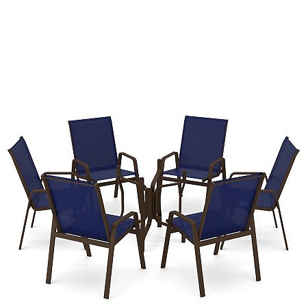 Conjunto de 6 Cadeiras S/ Vidro Alumínio Marrom Tela Azul