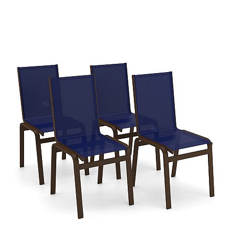 Kit 4 Cadeiras Jantar Gourmet Alumínio Marrom Tela Azul