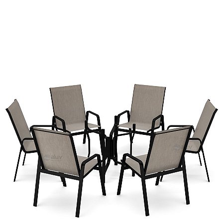Conjunto de 6 Cadeiras S/ Vidro Alumínio Preto Tela Mocca