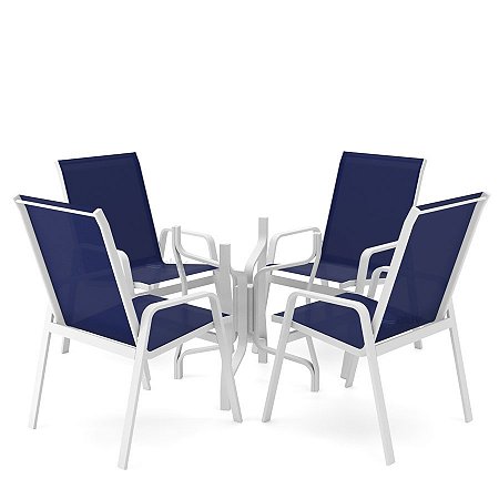 Conjunto de 4 Cadeiras S/ Vidro Alumínio Branco Tela Azul