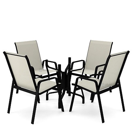 Conjunto de 4 Cadeiras S/ Vidro Alumínio Preto Tela Bege