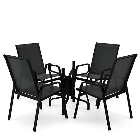 Conjunto de 4 Cadeiras S/ Vidro Alumínio Preto Tela Preto