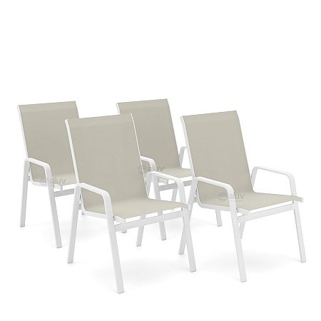 Kit 4 Cadeira Riviera Piscina Alumínio Branco Tela Bege
