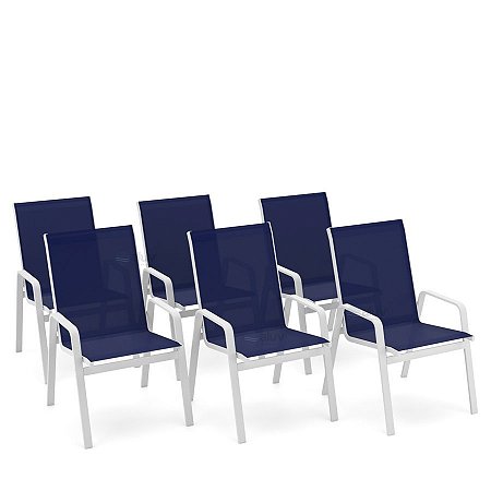Kit 6 Cadeira Riviera Piscina Alumínio Branco Azul