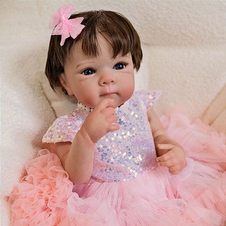 Boneca Reborn Cabelo Enraizado Vestido com Brilho