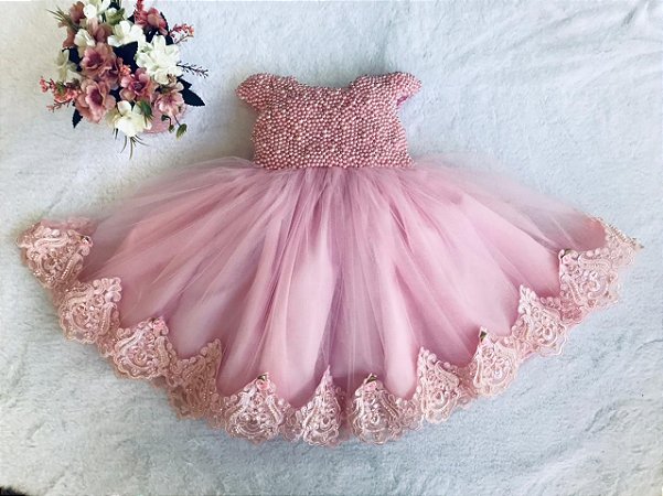 Vestido de Perolas Rosa para festas de um Aninho - Infantil
